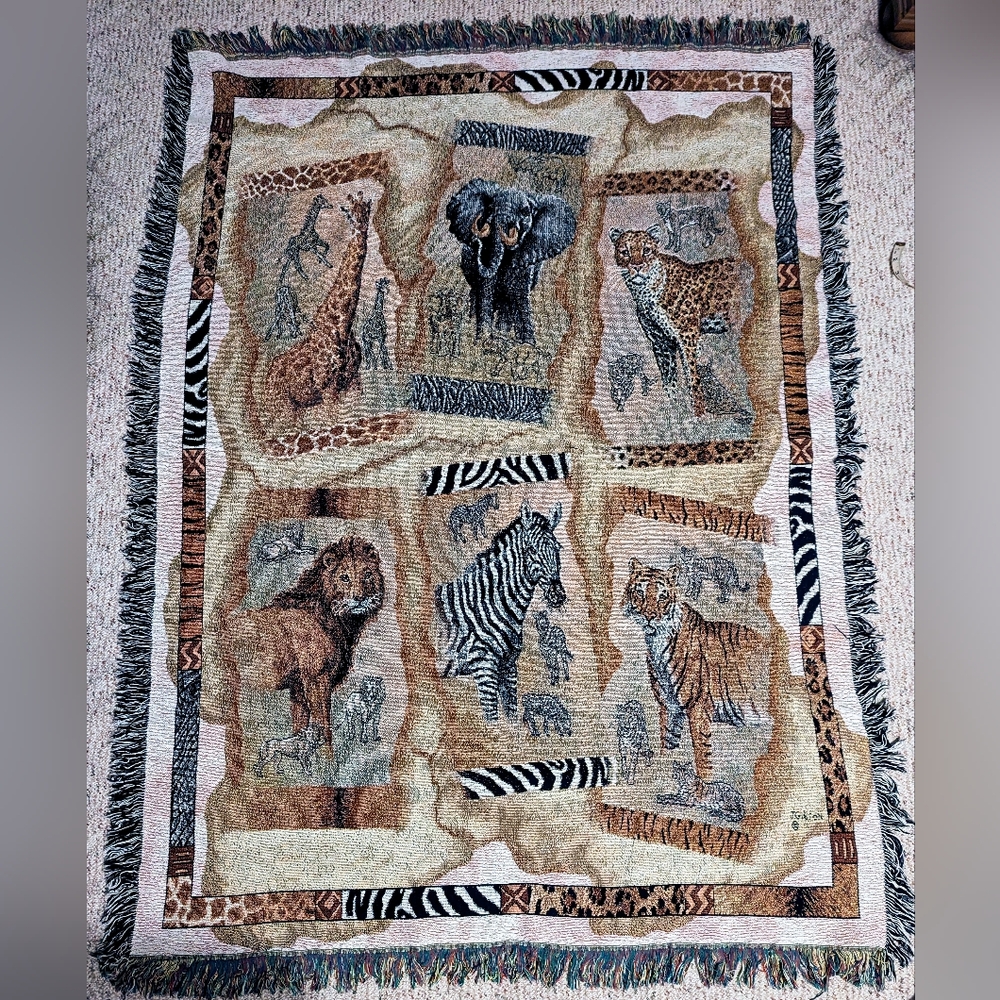 Vintage Gibson Tapestry Throw African Safari Giraffe Zebra Lion Elephant Tiger